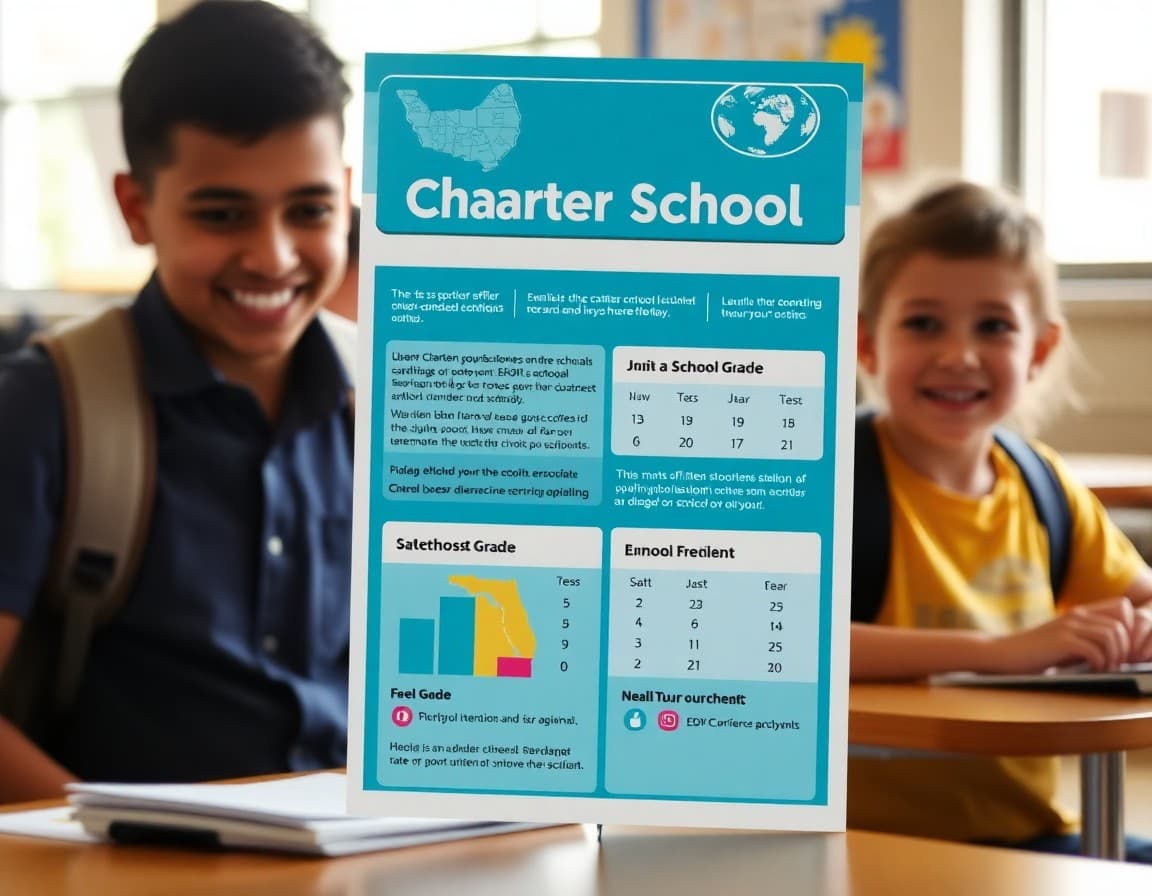 Charter school newsletter template showing Florida school grade and enrollment information