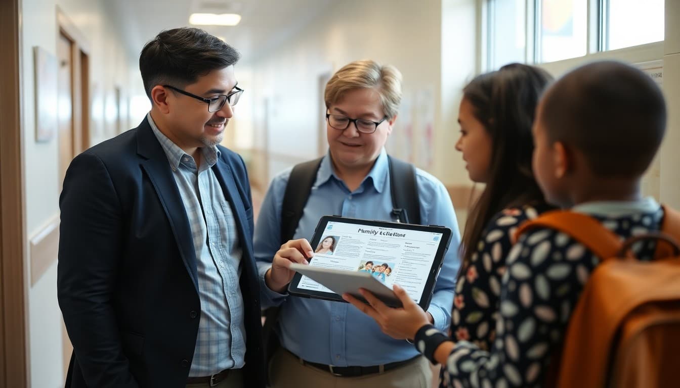 Florida charter school administrator reviewing a family newsletter on a tablet in a school hallway
