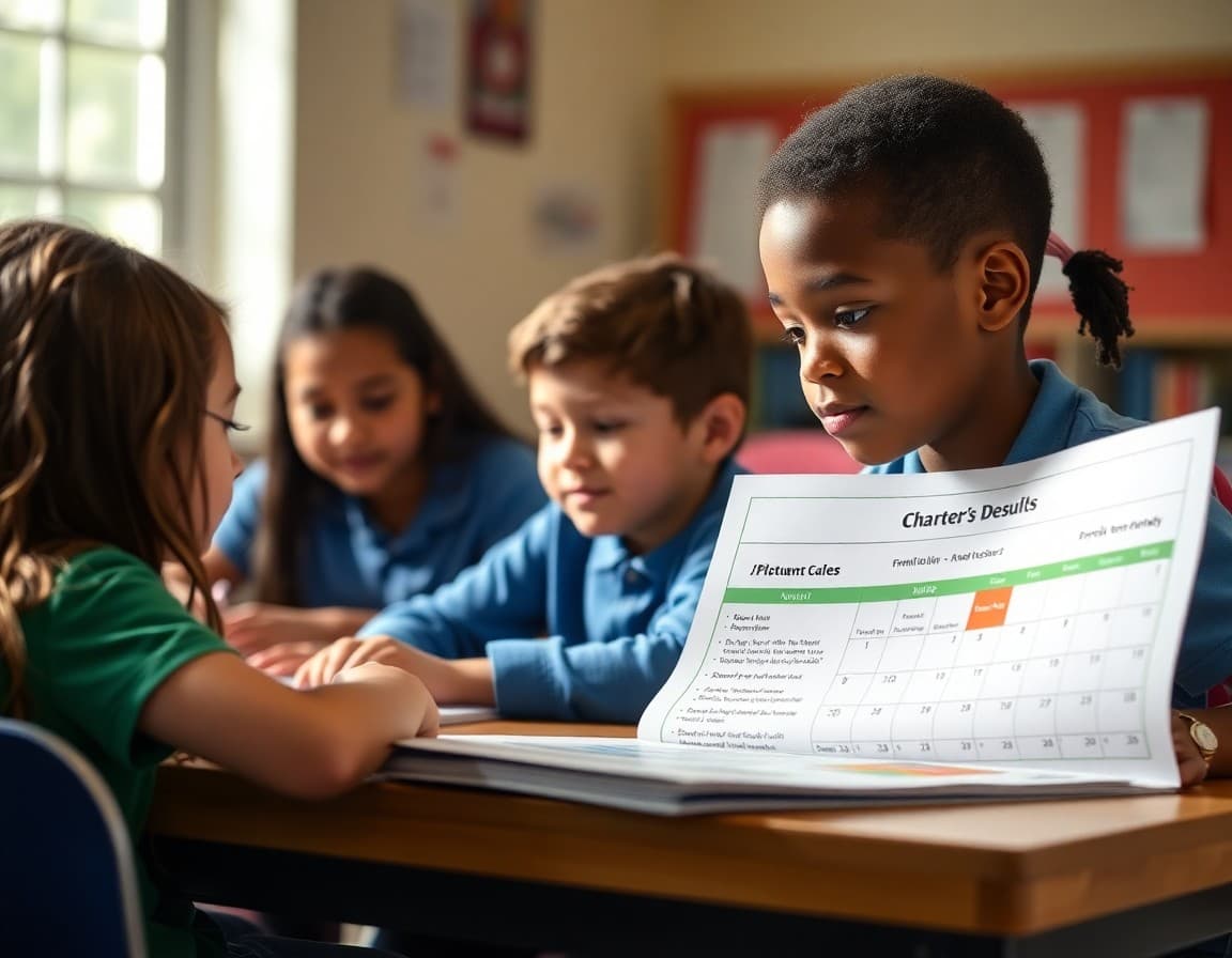 Florida charter school newsletter with FSA results section and enrollment calendar highlighted