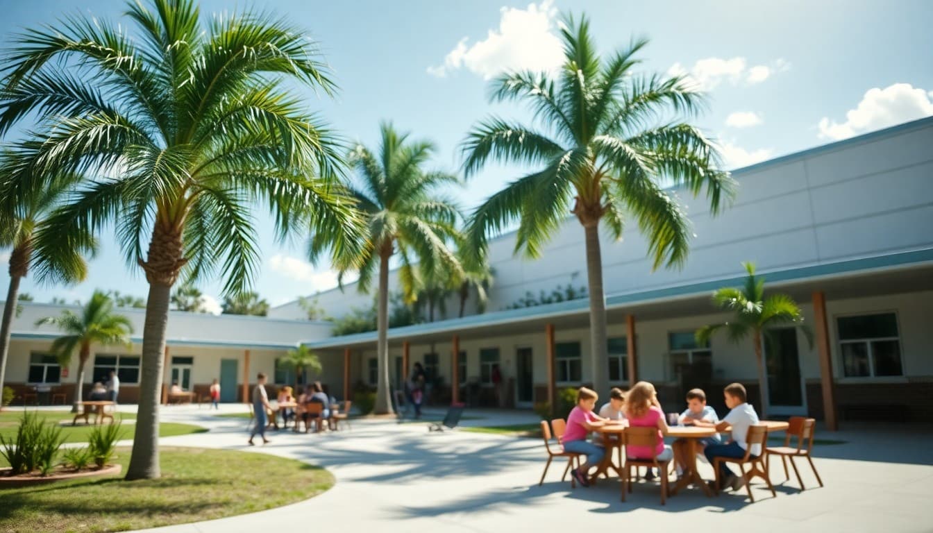 Florida charter school campus with palm trees and students in outdoor learning area on sunny day