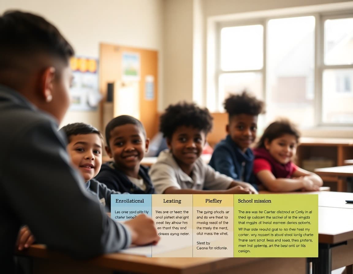Charter school newsletter template showing enrollment timeline and school mission content
