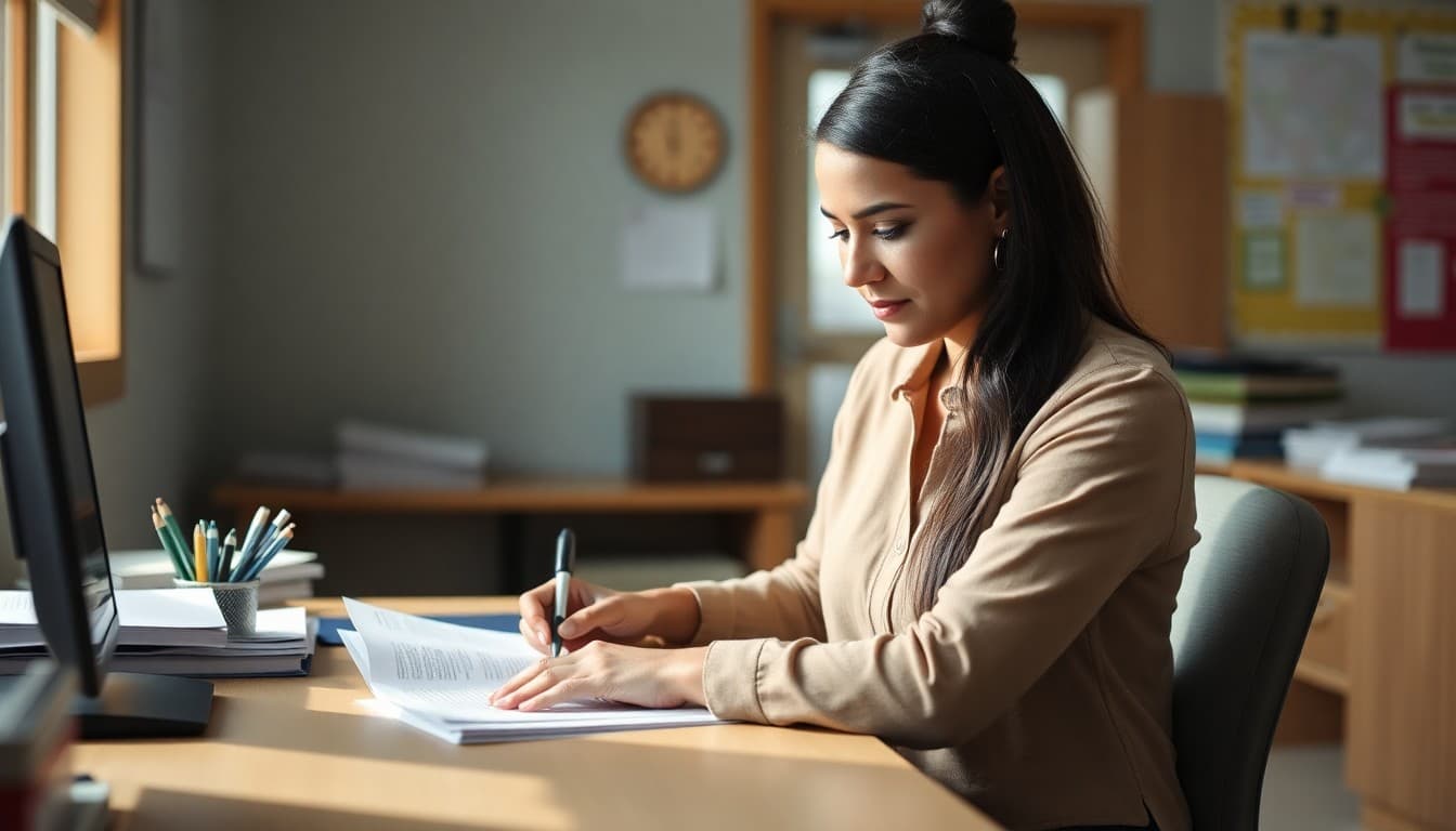 Georgia charter school administrator composing a family newsletter at a desk in a school office