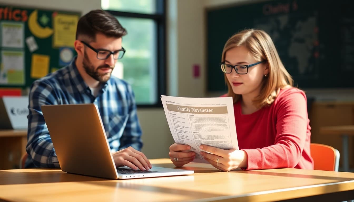 Iowa charter school administrator reviewing a family newsletter on a laptop at a school desk