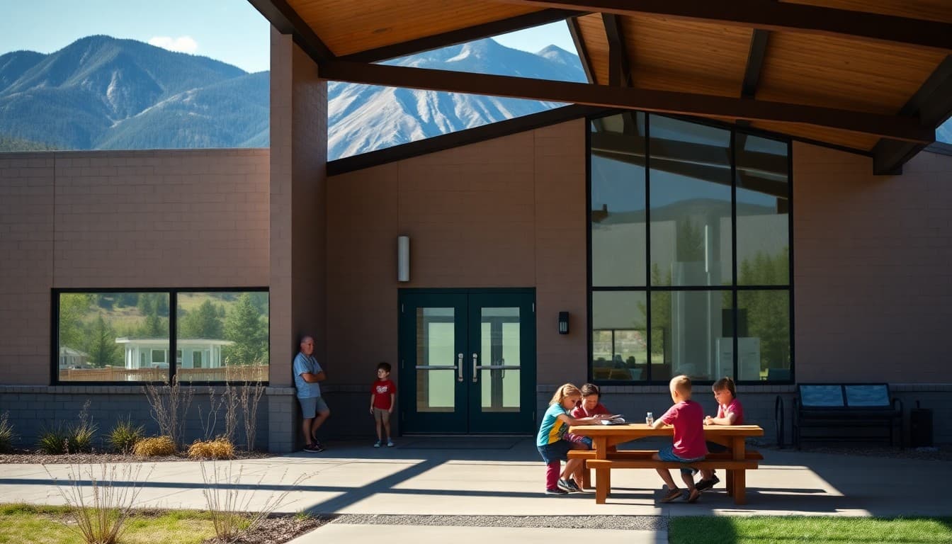 Idaho charter school building with mountain backdrop and students in outdoor learning spaces