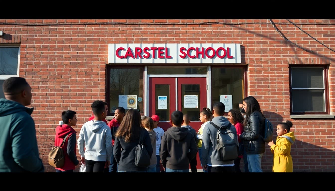 Illinois charter school exterior in Chicago neighborhood with students and parents gathered outside