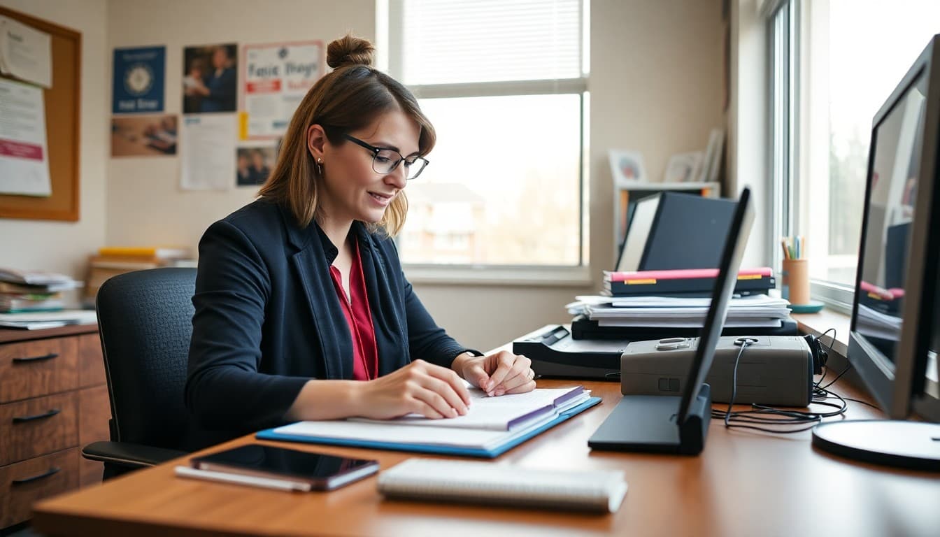 Indiana charter school administrator composing a family newsletter at a school office desk