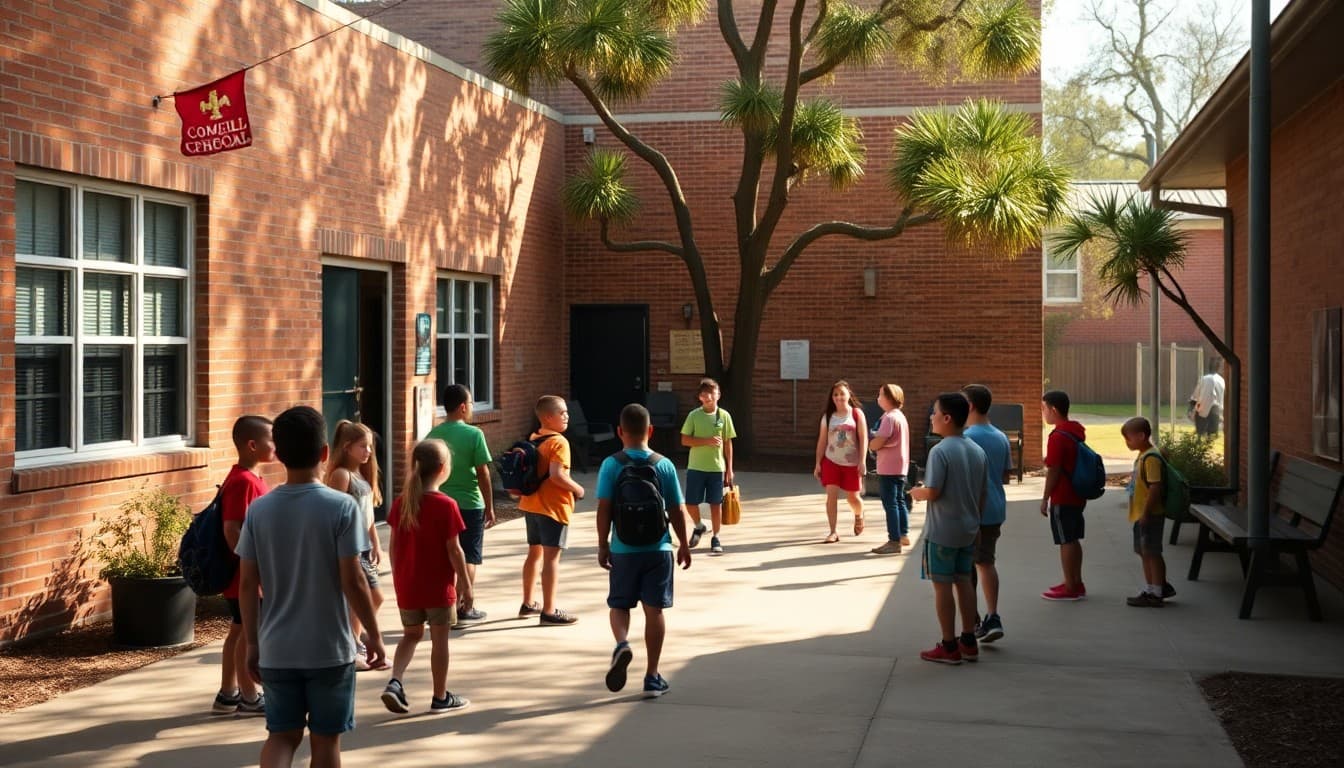 Louisiana charter school courtyard with students gathering for outdoor activities in warm afternoon light