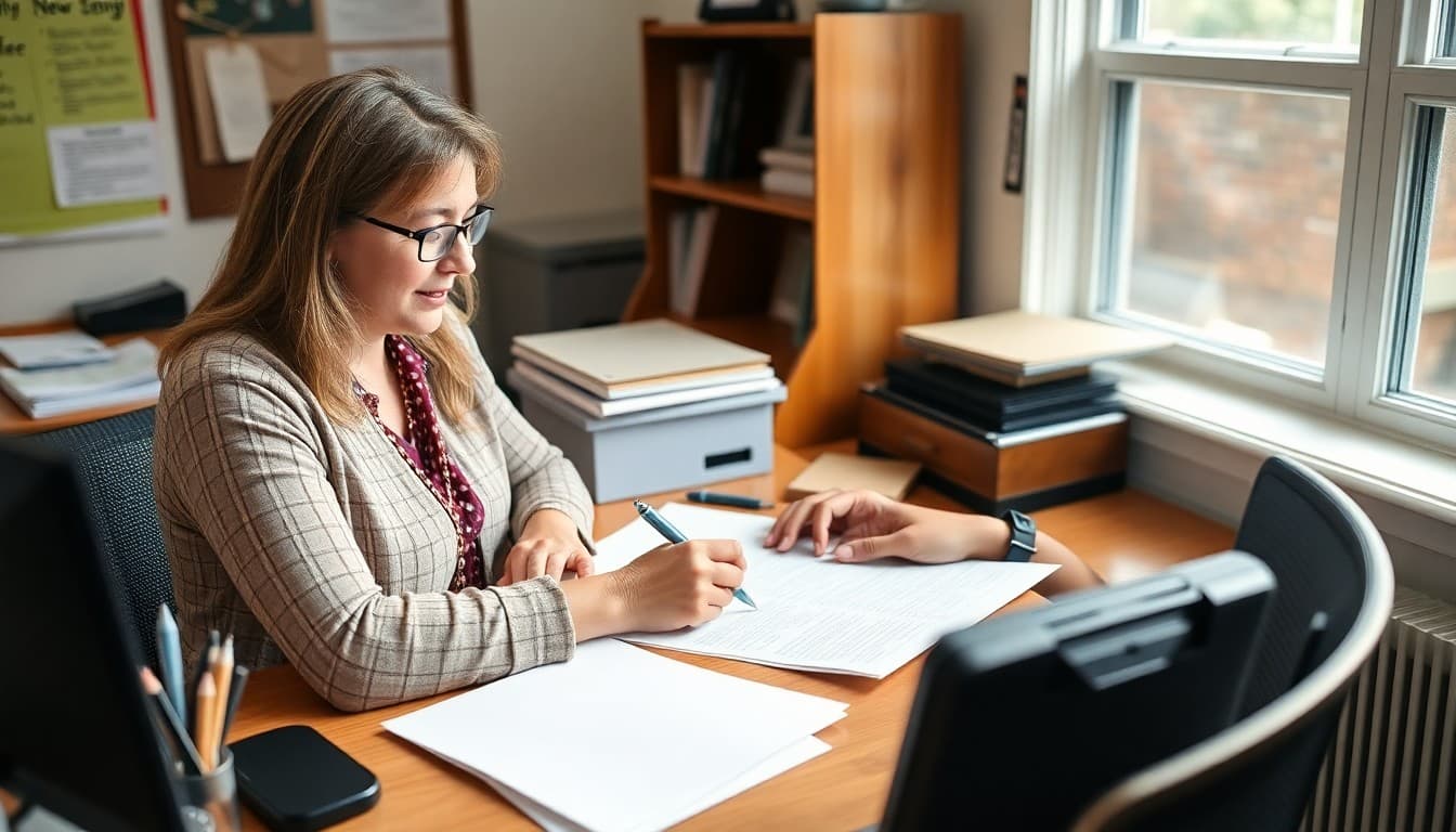 Massachusetts charter school administrator composing a family newsletter at a school office desk