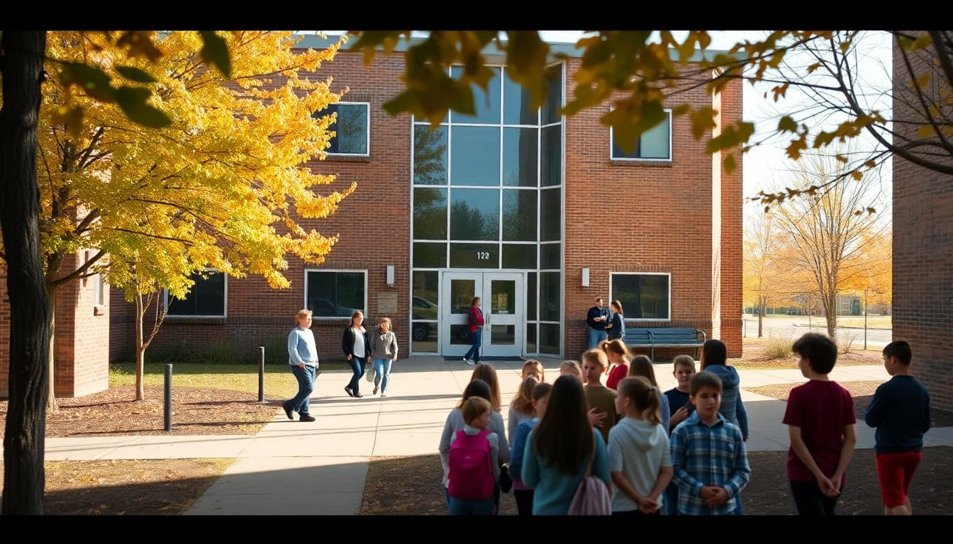Michigan charter school building with students gathered in courtyard on autumn afternoon