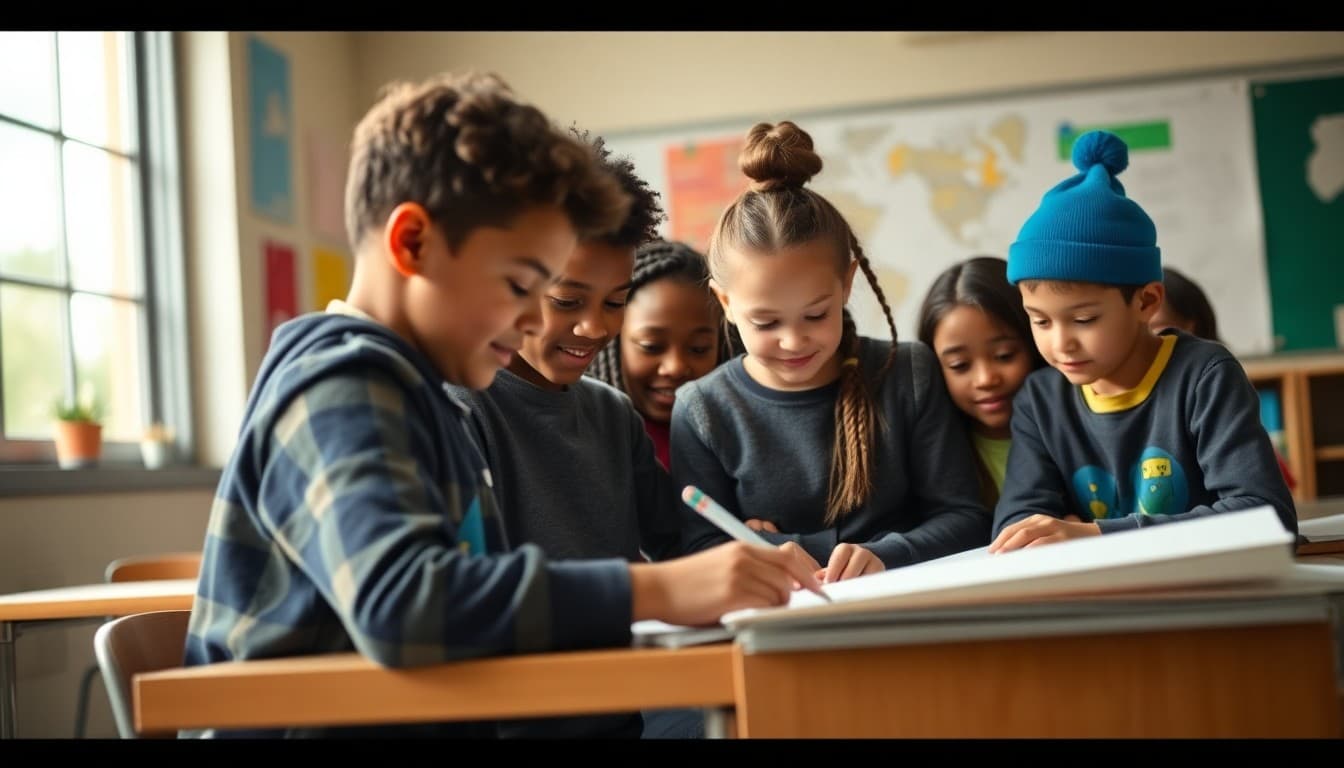 Minnesota charter school with diverse students working together on a classroom project