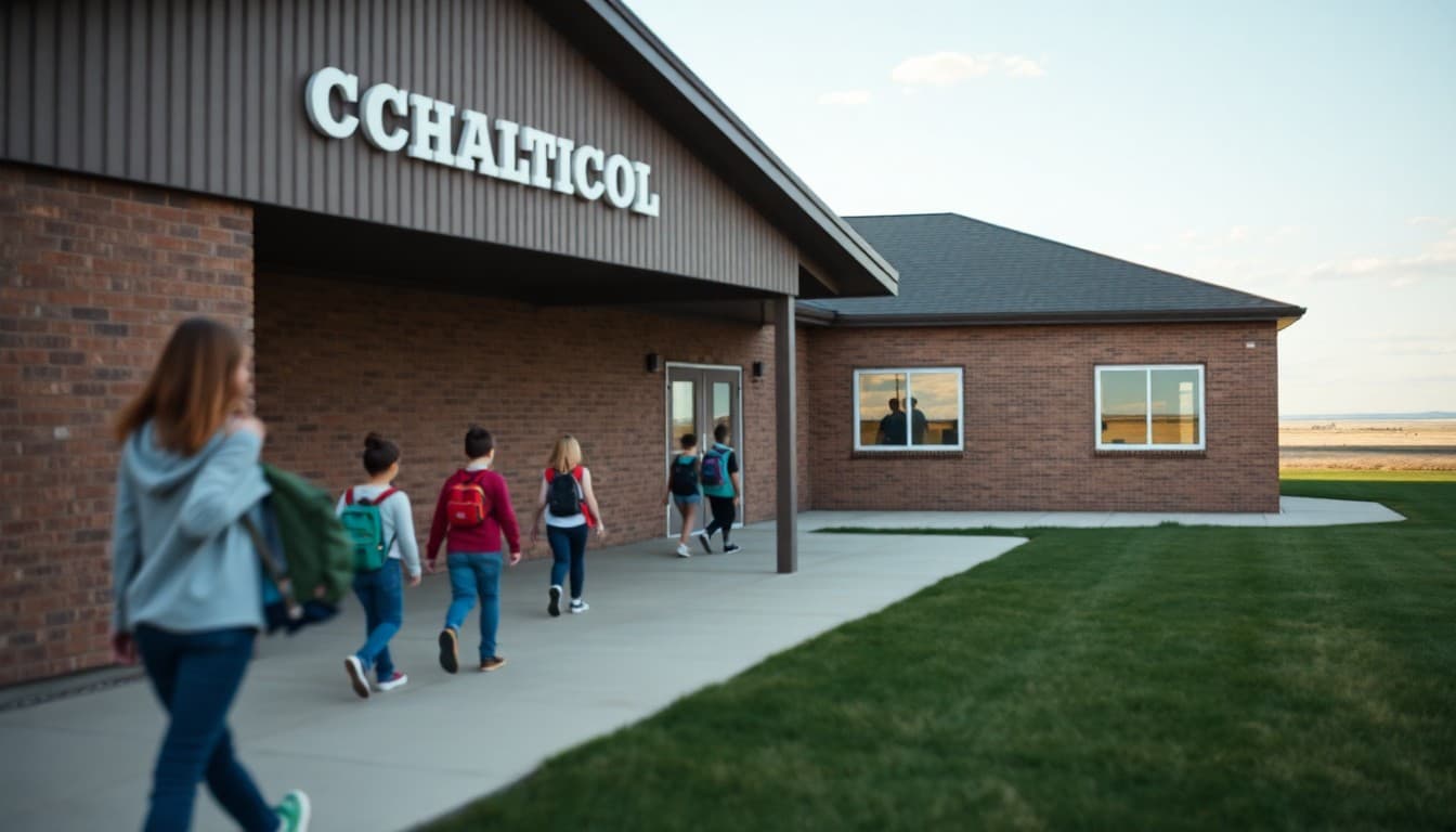 North Dakota charter school building with open prairie landscape and students arriving for school