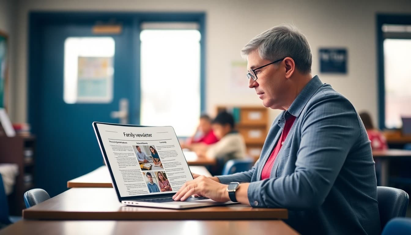 New Jersey charter school administrator reviewing a family newsletter on a laptop at a school desk