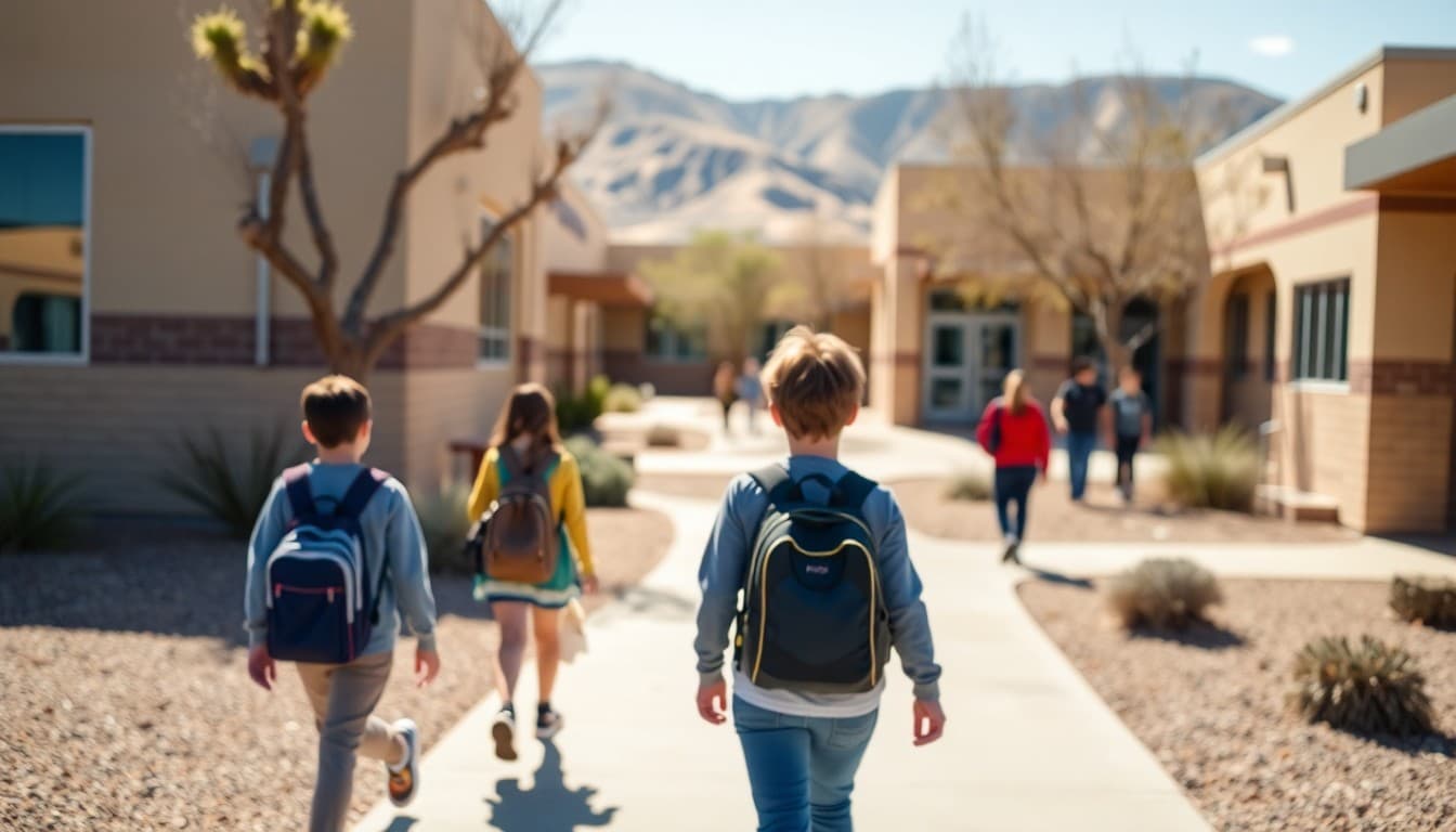 Nevada charter school campus with desert landscaping and students walking between buildings
