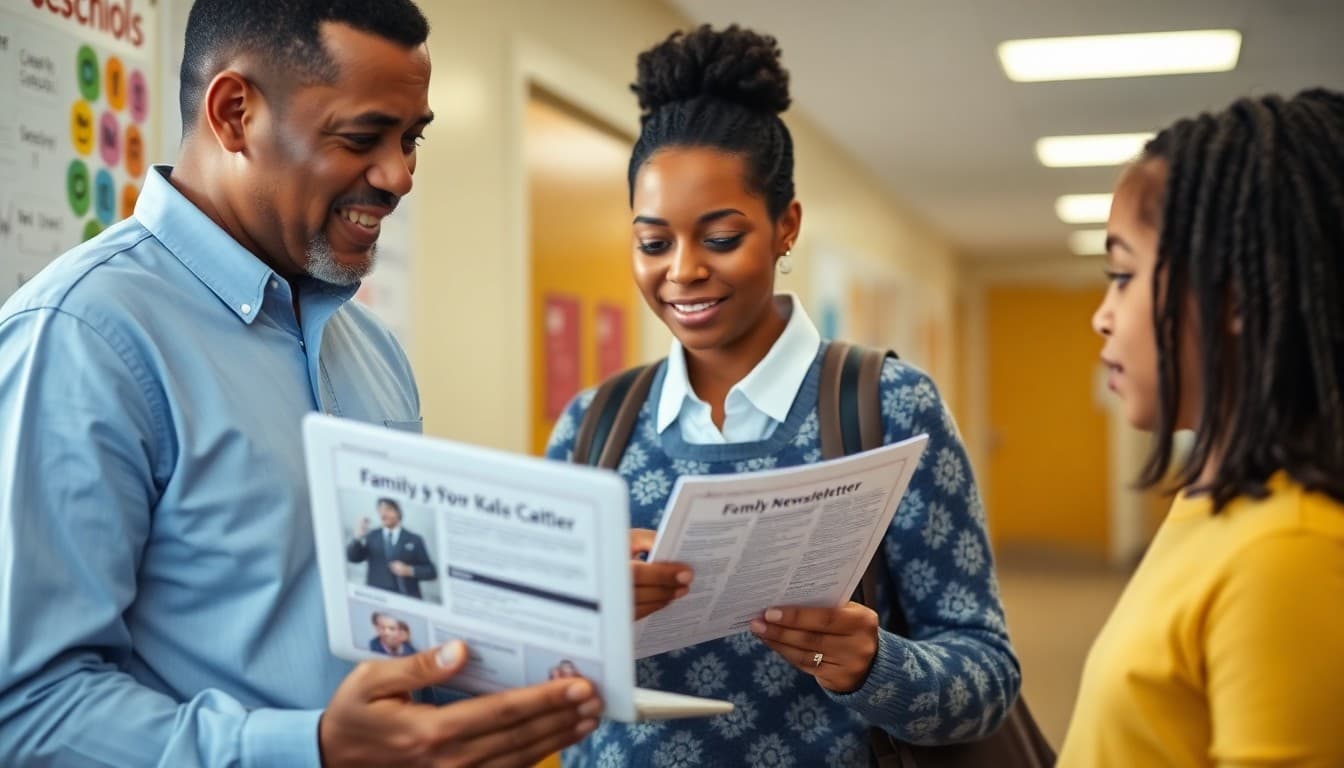 New York charter school administrator reviewing a family newsletter on a laptop in a school hallway
