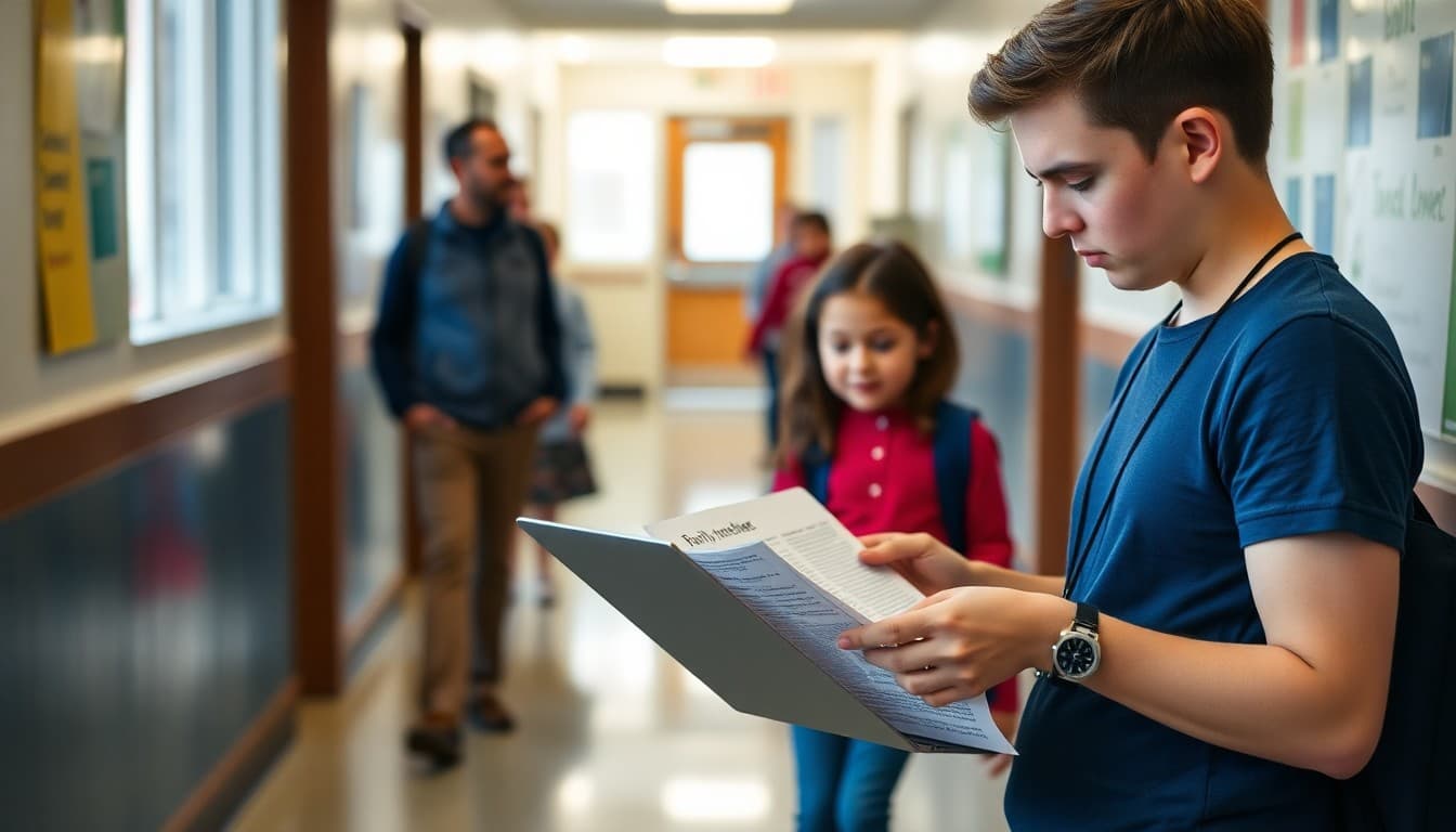 Ohio charter school administrator reviewing a family newsletter on a laptop in a school hallway