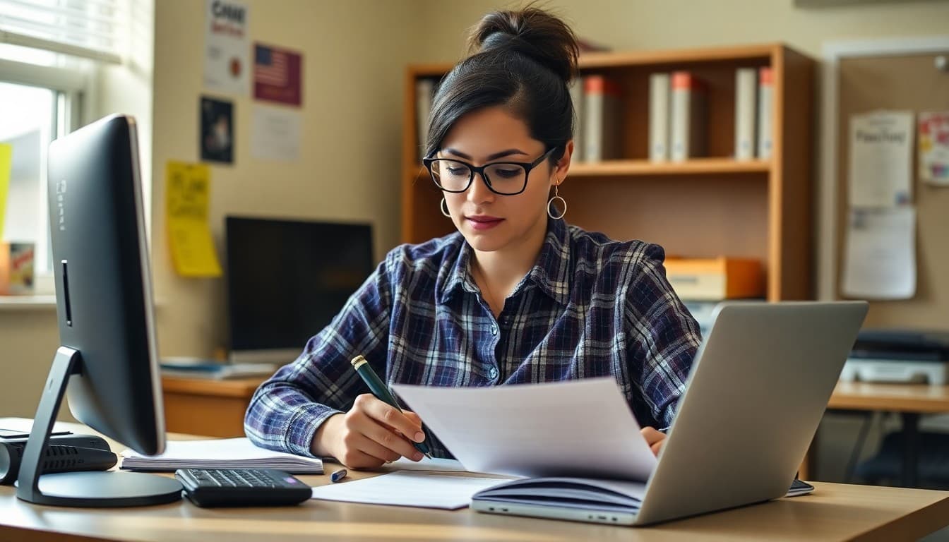 Oklahoma charter school administrator composing a family newsletter at a school office desk