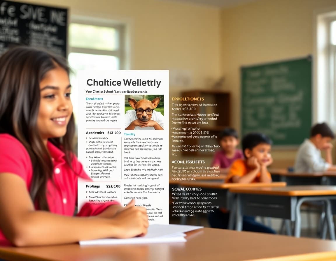 Charter school newsletter template showing enrollment information and school academic highlights