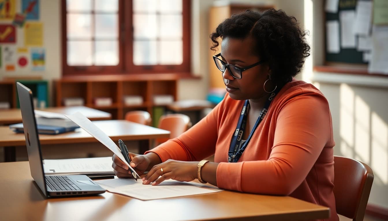 Rhode Island charter school administrator composing a family newsletter at a school desk