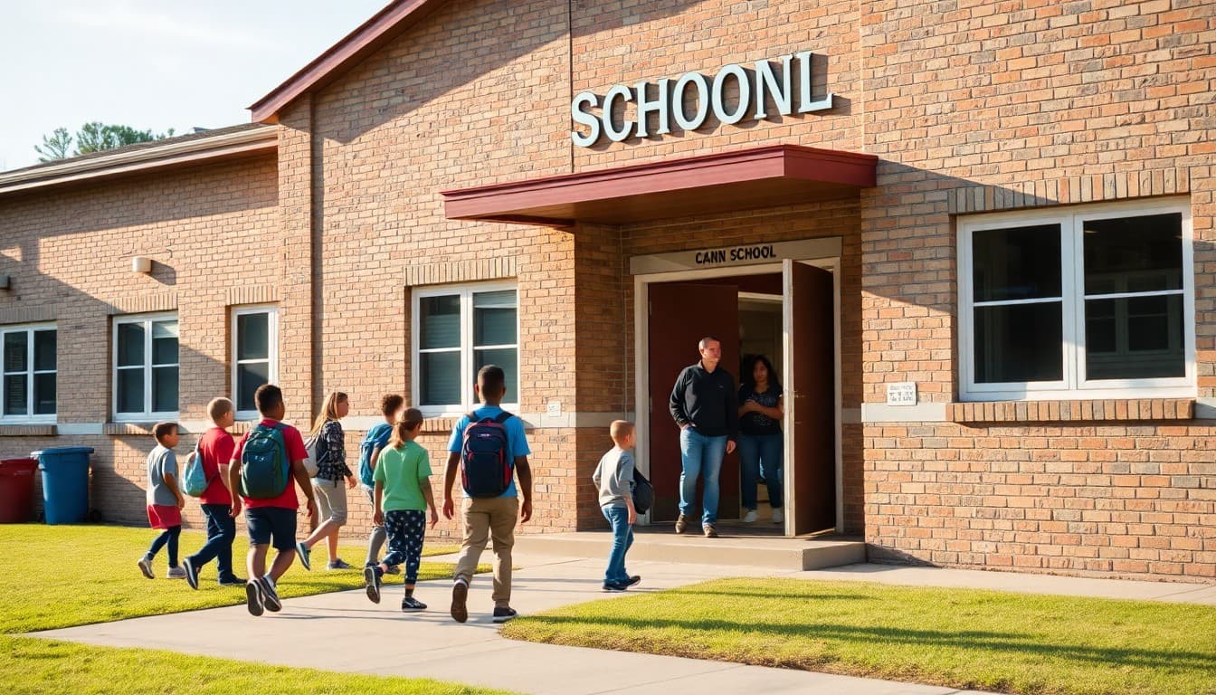 South Carolina charter school building with students and staff outside on a warm school morning