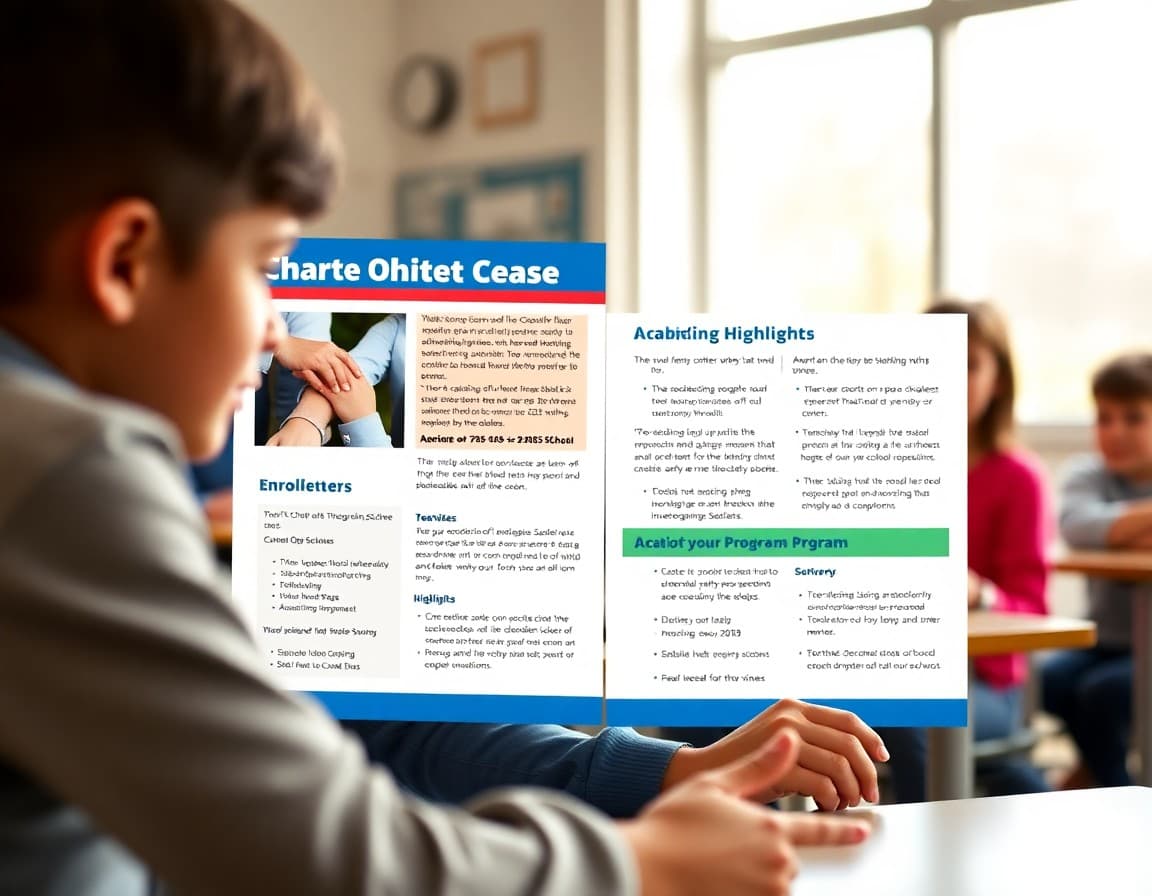 Charter school newsletter template showing enrollment information and academic program highlights