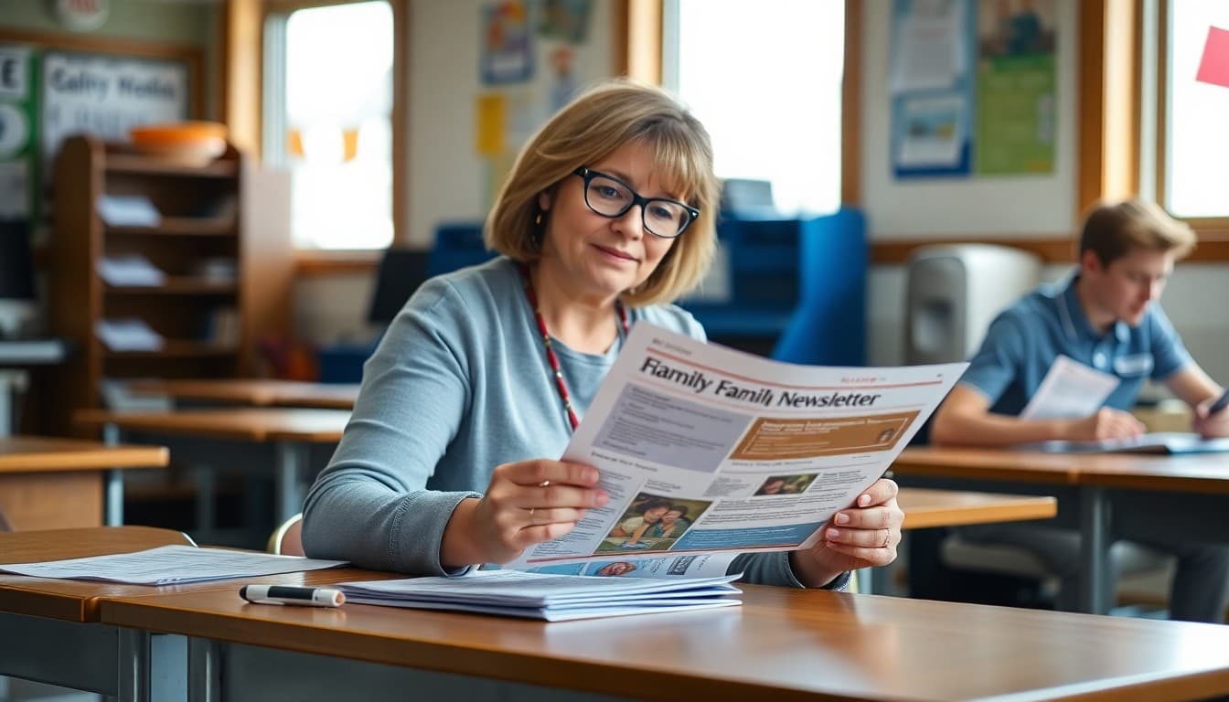 South Dakota charter school administrator reviewing a family newsletter at a school desk