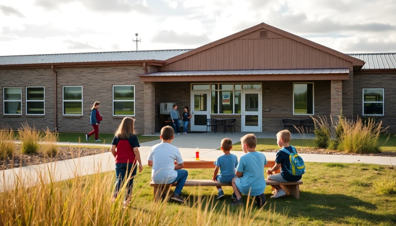 South Dakota charter school building with prairie landscape and students in outdoor learning area