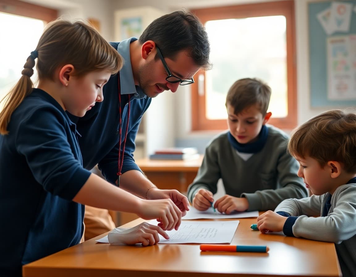 Teacher in a small private school class working closely with a few students on a hands-on project