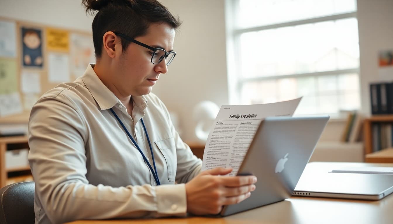 Tennessee charter school administrator reviewing a family newsletter on a laptop in a school office