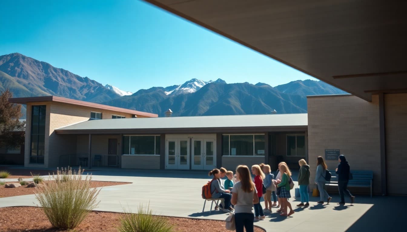 Utah charter school building with mountain backdrop and students in outdoor gathering area