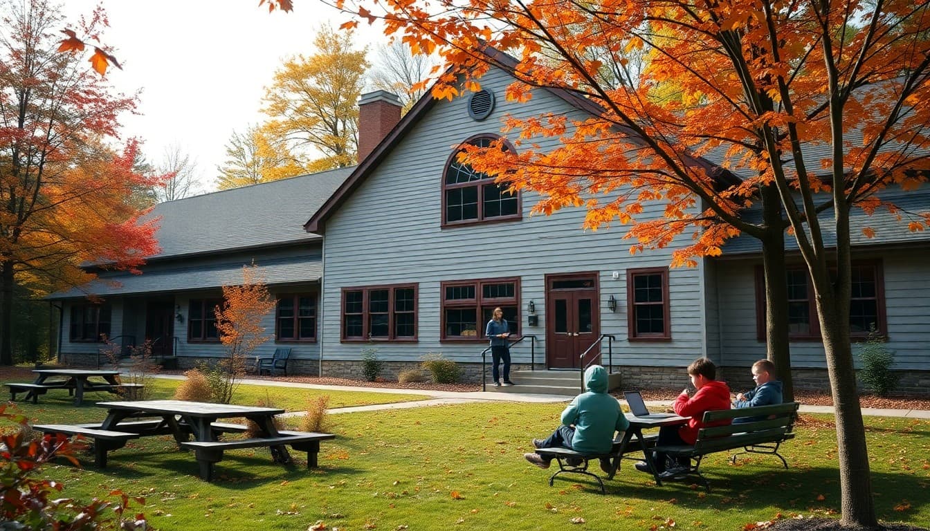 Vermont independent school building surrounded by autumn foliage with students in outdoor learning area