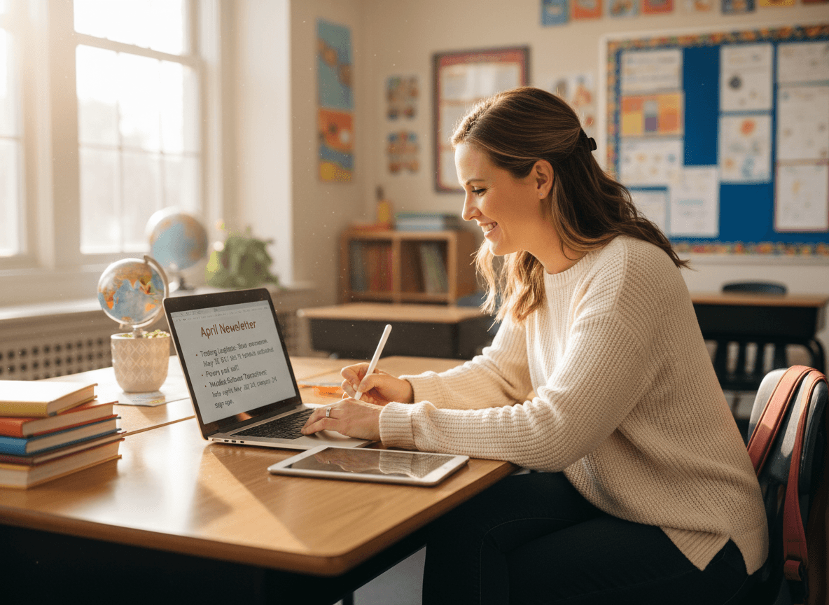 Fifth grade teacher writing April newsletter with testing logistics, poetry unit overview, and middle school transition notes
