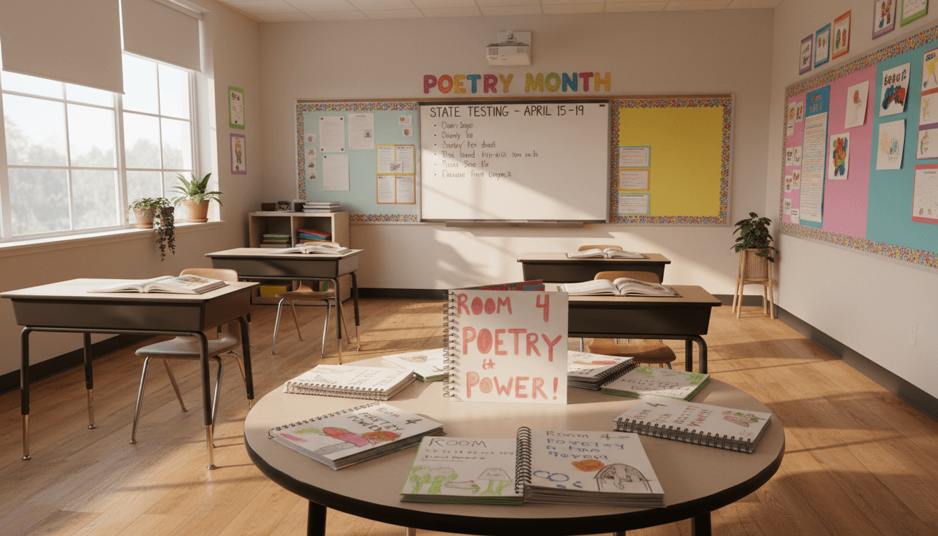 Fourth grade classroom in April with state testing schedule posted and Poetry Month student anthology on display