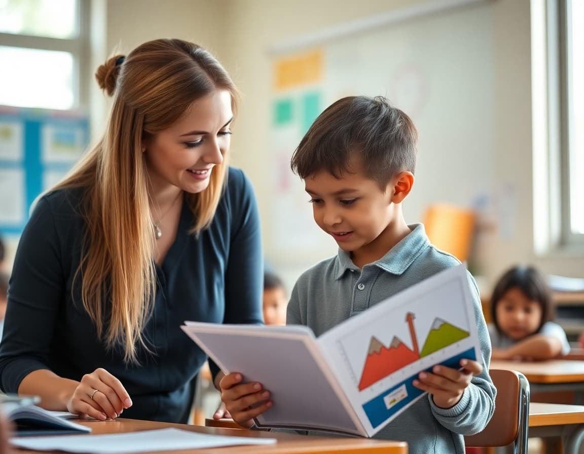 Teacher reviewing student portfolio showing growth from start to end of school year