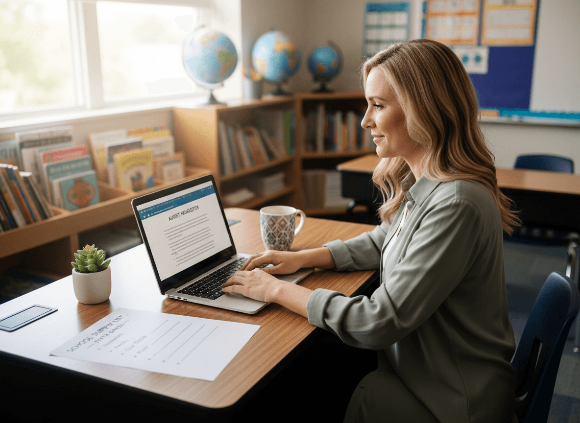 Fifth grade teacher composing August newsletter with school supply list on desk