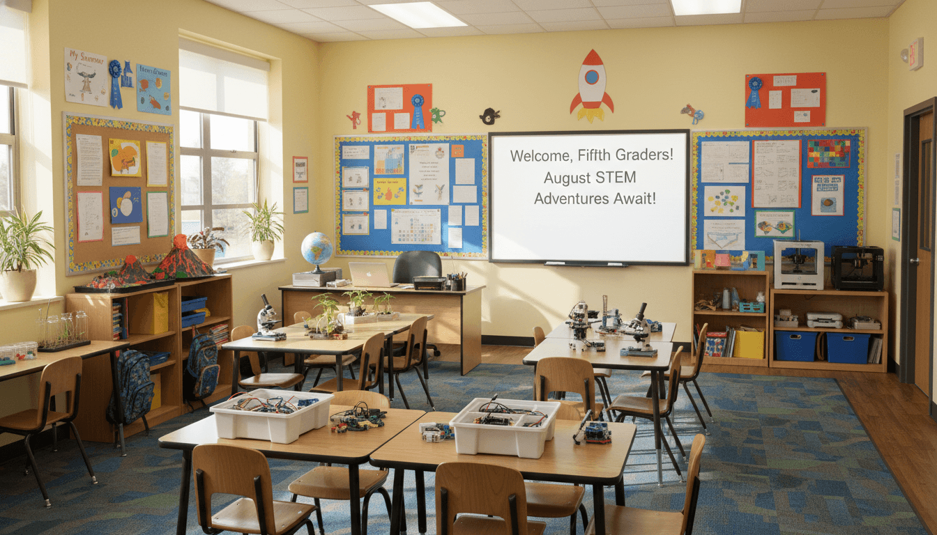 Fifth grade classroom August setup with student projects and STEM materials on display