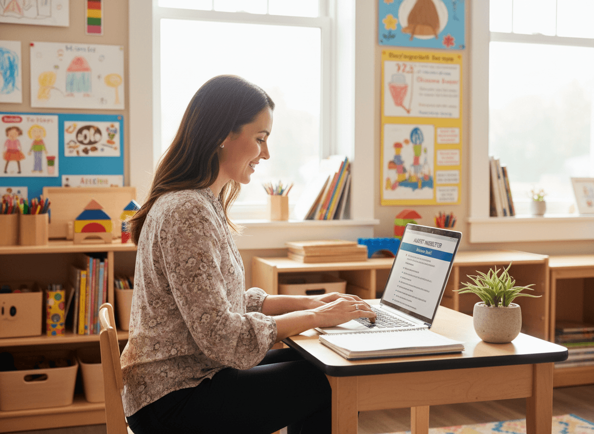 Kindergarten teacher writing an August newsletter on a laptop at classroom desk