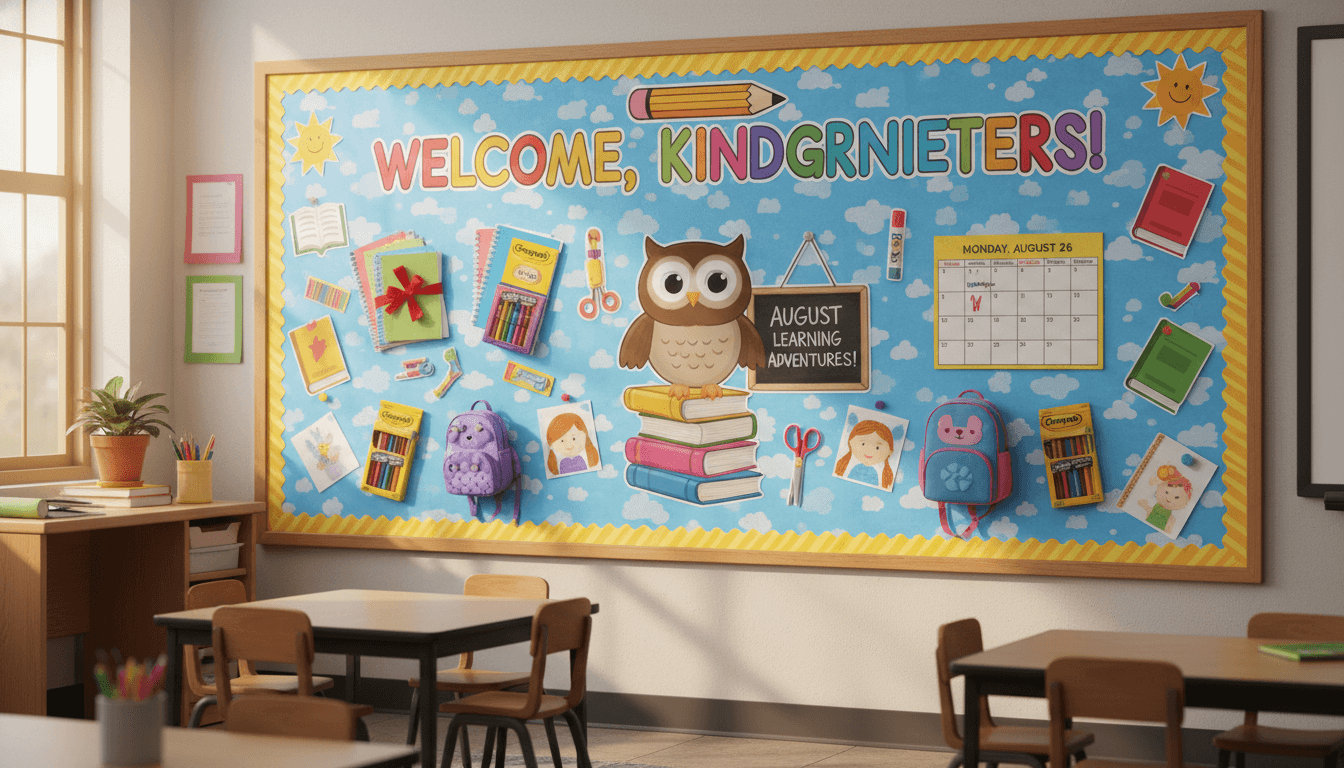 Kindergarten classroom August back-to-school bulletin board with supplies and welcome sign