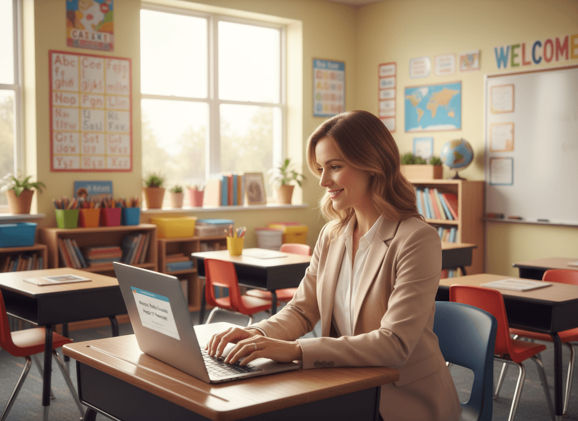 Third grade teacher sending first August newsletter on laptop with classroom visible behind