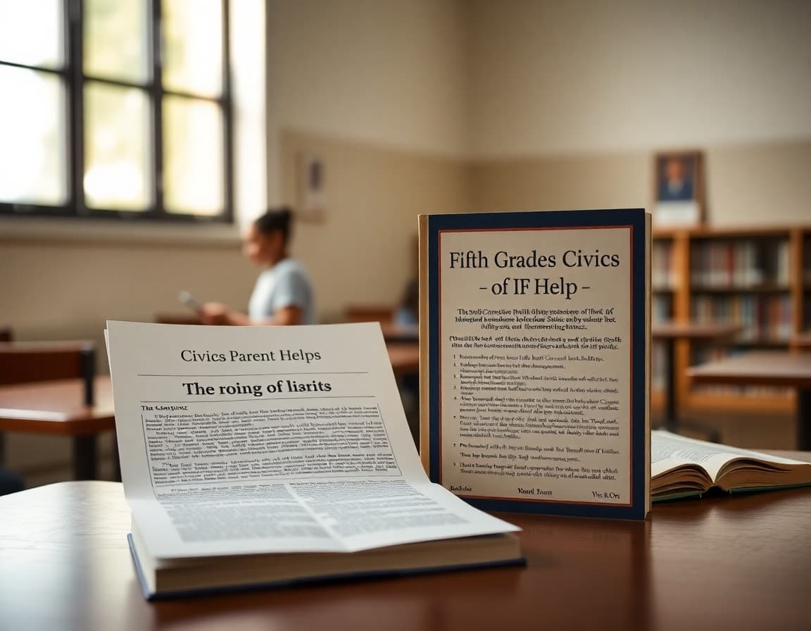 Fifth grade civics parent help newsletter printed beside a library book about the Constitution