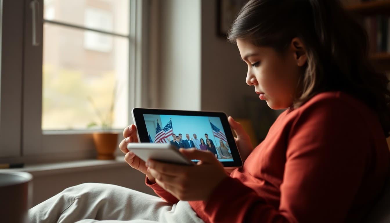Parent and fifth grader watching a short civics video together on a tablet at home