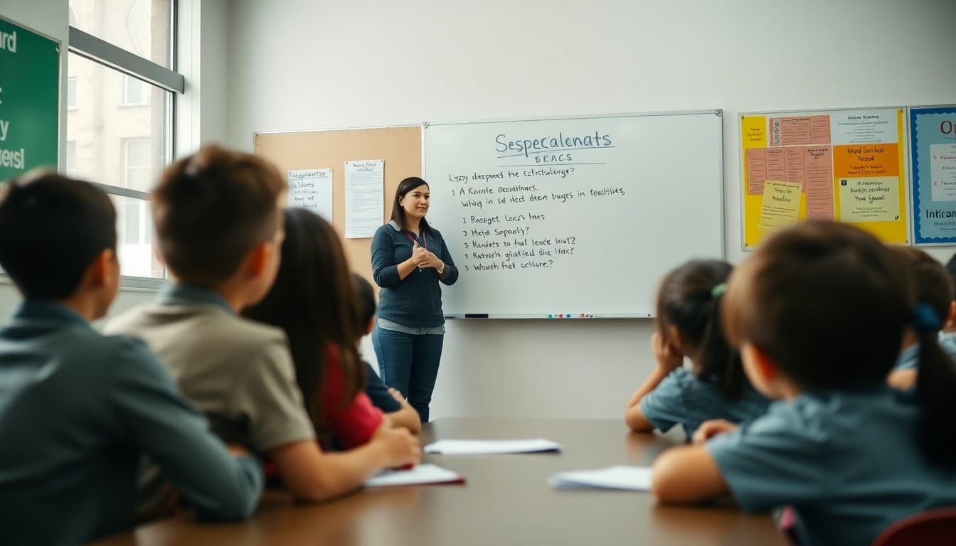 Teacher presenting classroom expectations on a whiteboard to engaged students