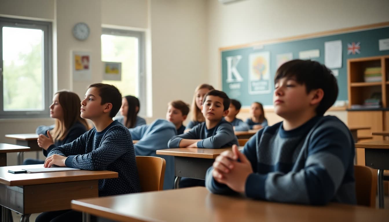 Students doing a breathing exercise at their desks in a calm, well-lit classroom
