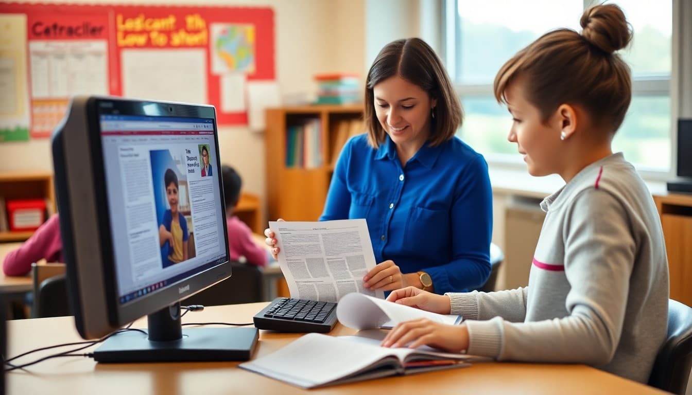 Teacher organizing classroom newsletter sections on computer to create effective parent communication