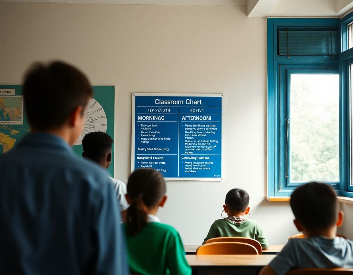 Classroom routine chart posted on the wall showing morning and afternoon procedures