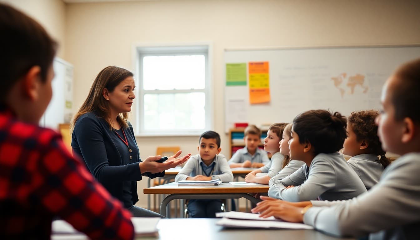 Teacher explaining daily classroom procedures to students at the start of the school year