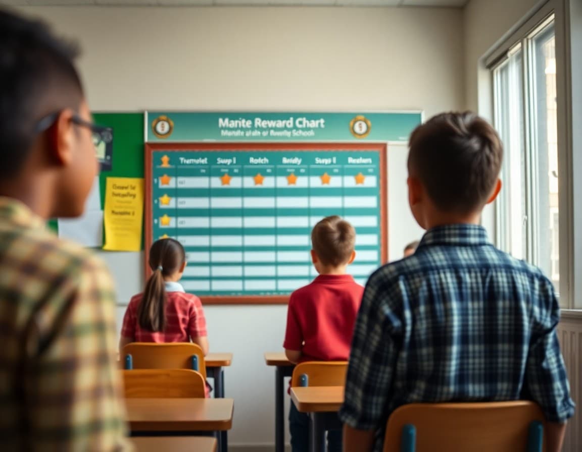 Classroom reward chart on the wall showing student achievement tracking