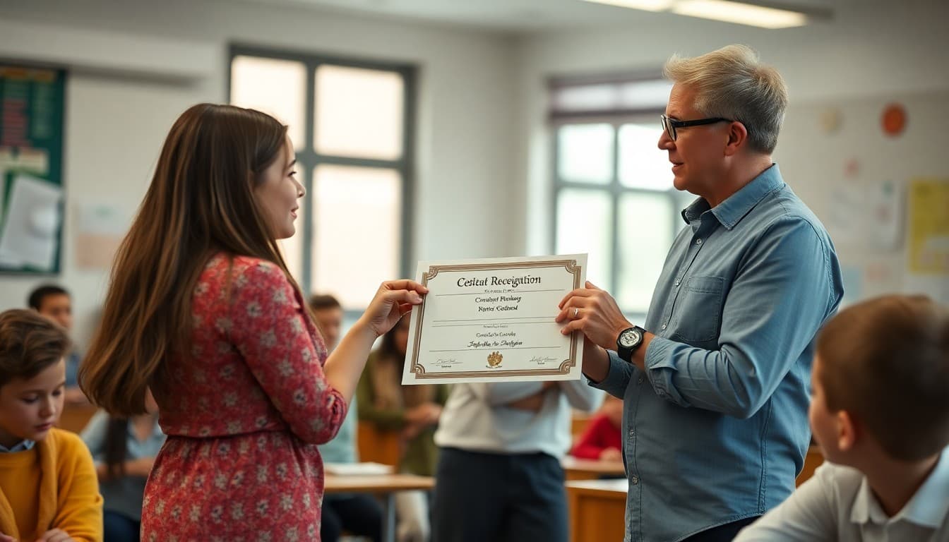 Teacher awarding a student recognition certificate in front of the class