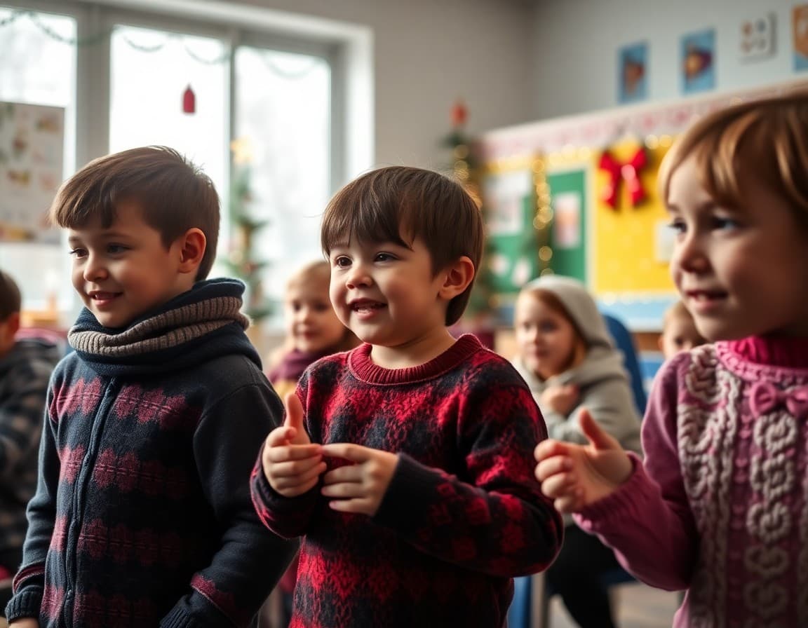 Students participating in winter classroom celebration with decorations in background