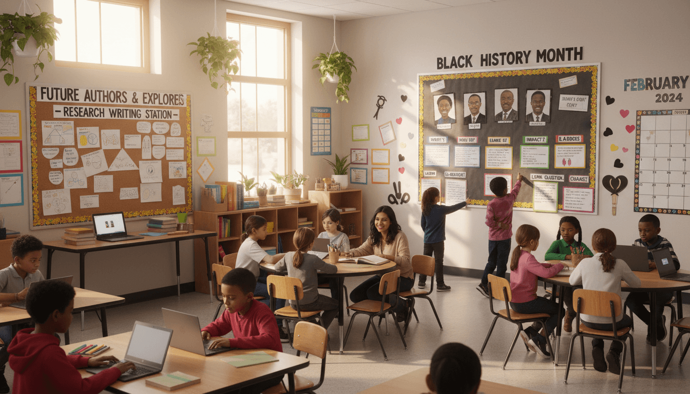Fourth grade classroom February with research writing station and Black History Month inquiry board visible