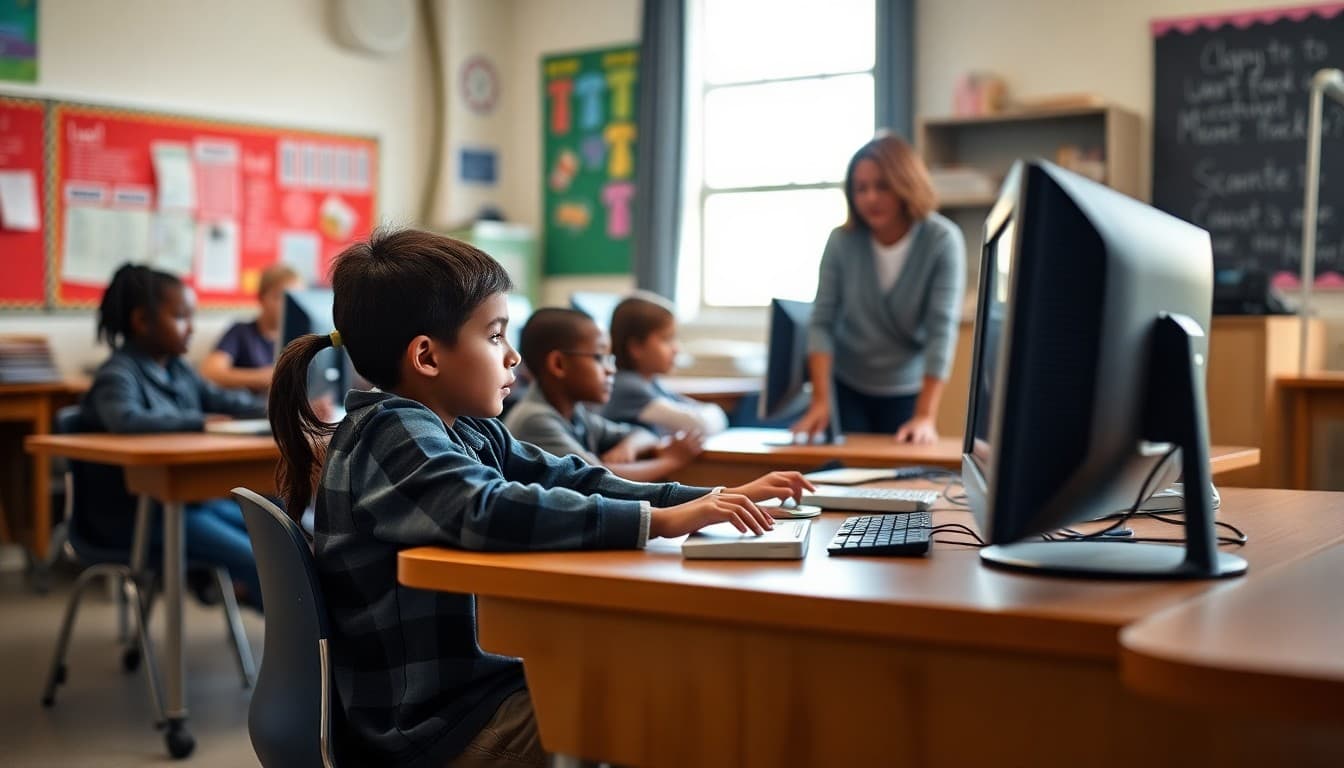 Fifth grade students working on computers in a classroom with a teacher nearby